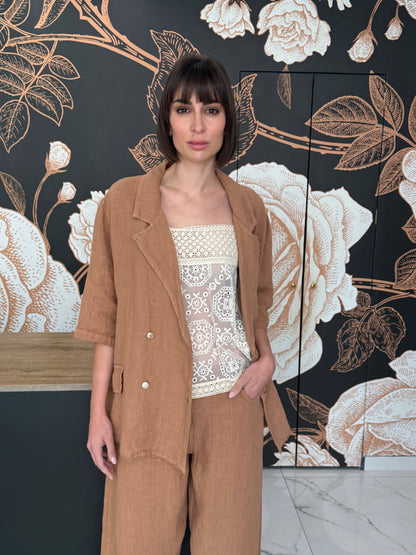 Giacca doppiopetto over in lino cammello - HaveOne