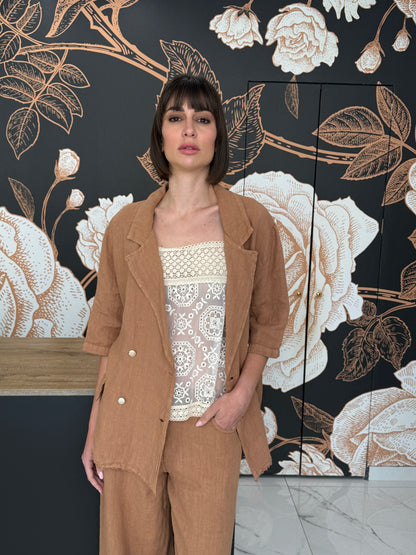 Giacca doppiopetto over in lino cammello - HaveOne