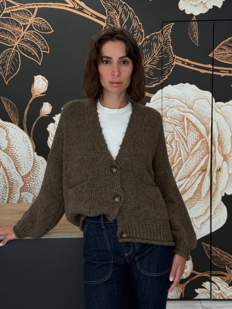 Cardigan tre bottoni tortora - Haveone