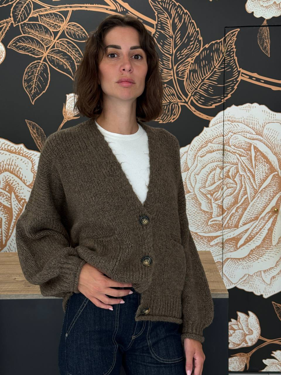 Cardigan tre bottoni tortora - Haveone