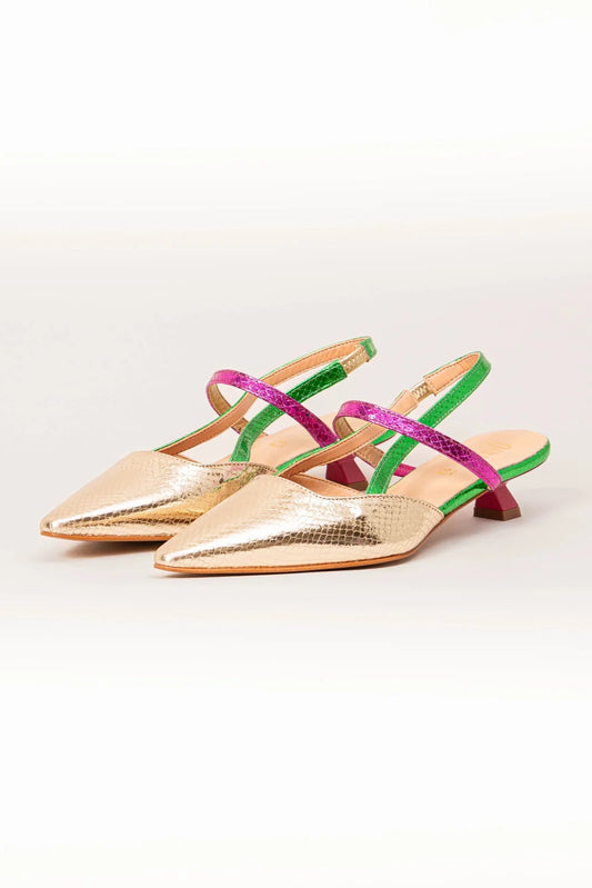 Slingback platino verde fuxia