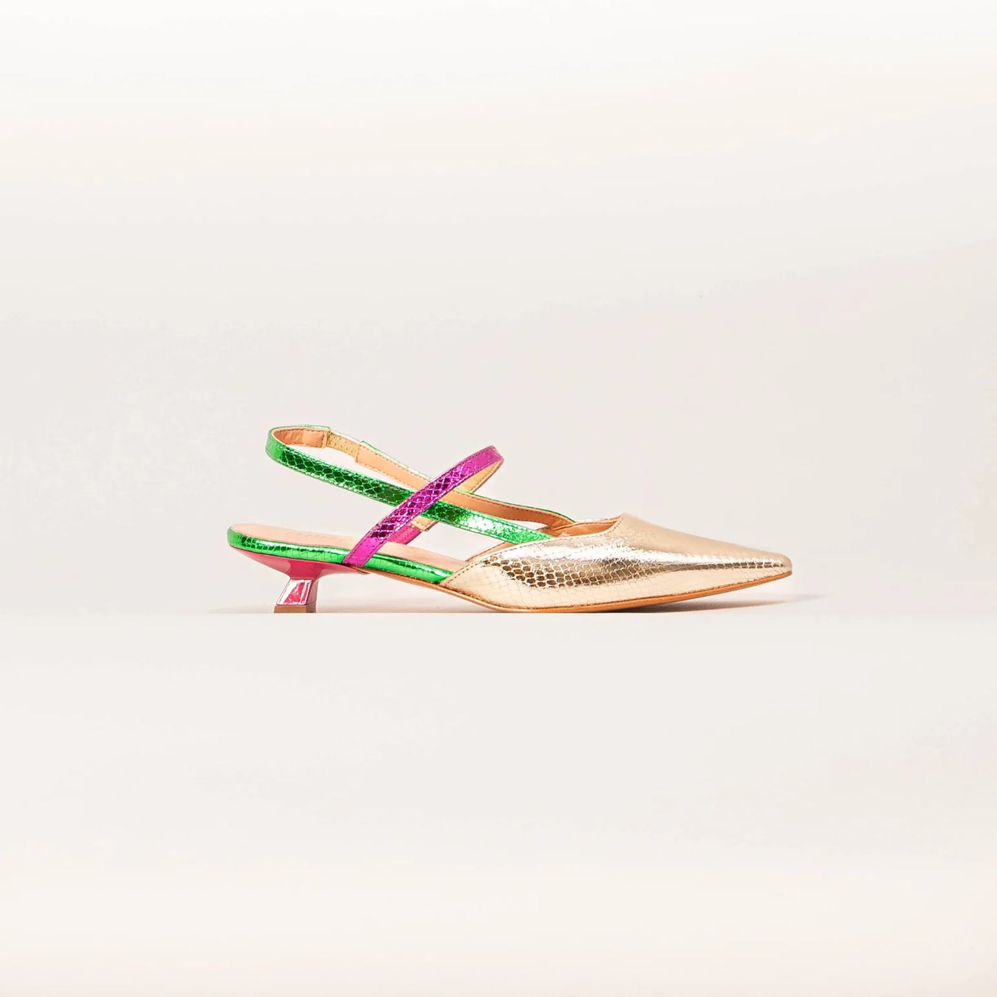 Slingback platino verde fuxia
