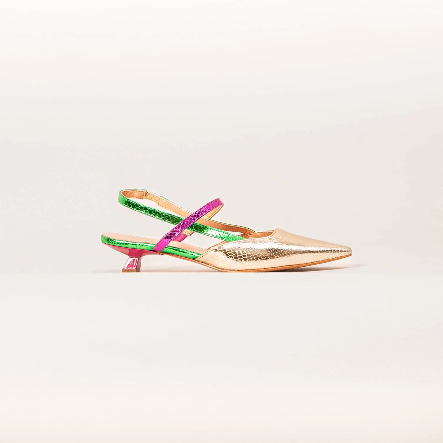Slingback platino verde fuxia