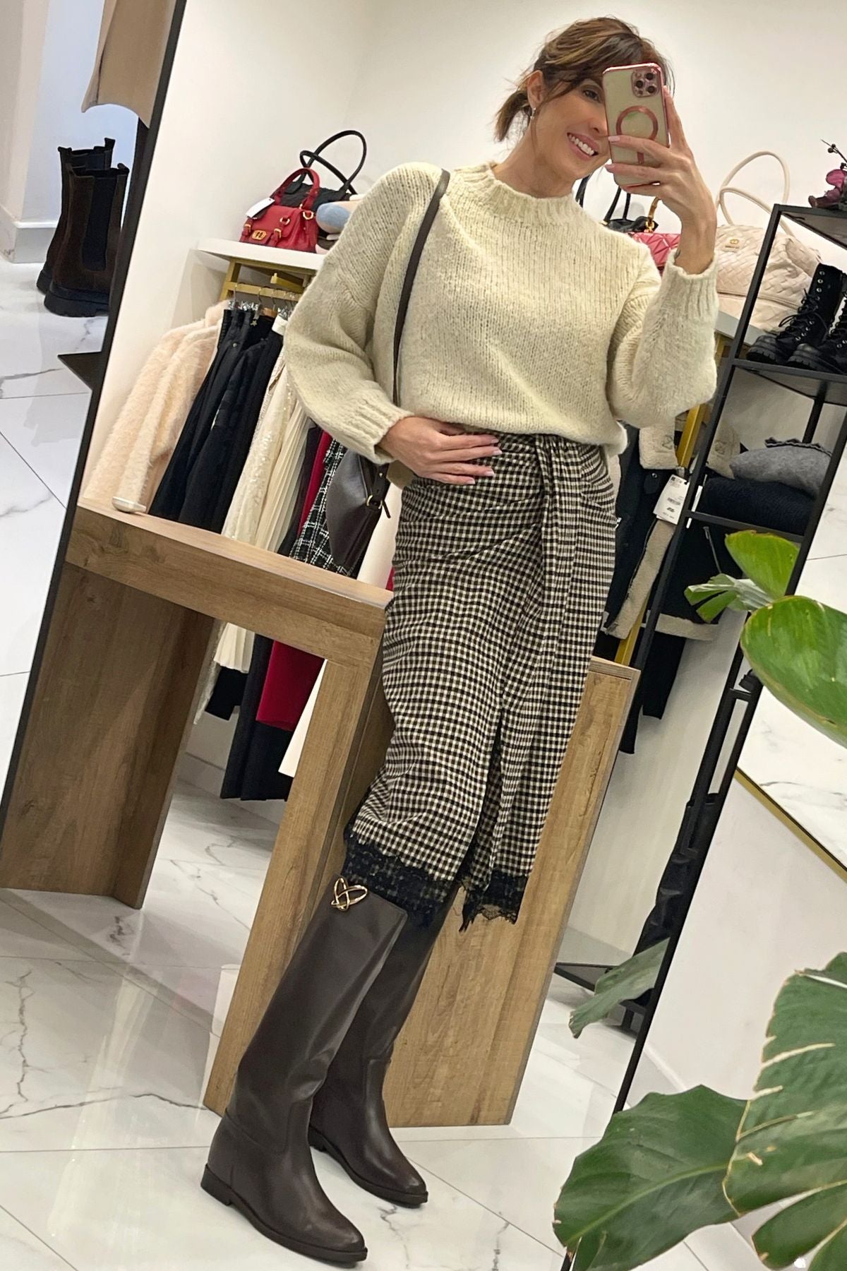 Gonna longuette fantasia quadretti con pizzo sul fondo - Haveone