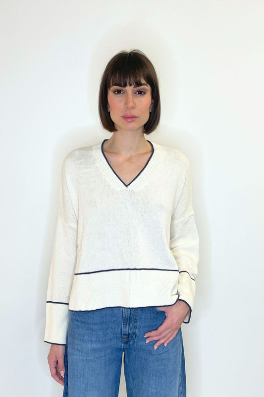 Maglia bianca scollo V righina sottile blu - Haveone