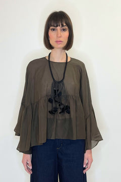 Blusa in cotone colore moro con balza - Souvenir Clubbing