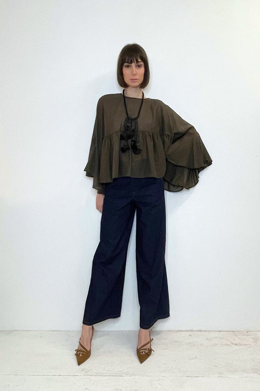 Blusa in cotone colore moro con balza - Souvenir Clubbing