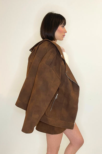 Biker in crosta colore cioccolato con chiusura zip - Haveone