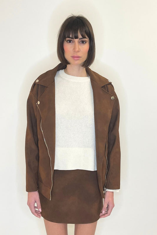 Biker in crosta colore cioccolato con chiusura zip - Haveone