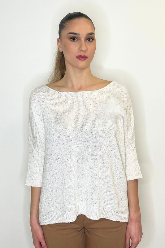 Maglia a barca con spilla e micropaillettes panna - Kontatto