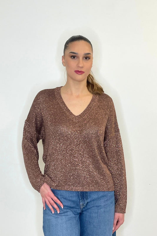 Maglia scollo a V lurex cacao - Kontatto