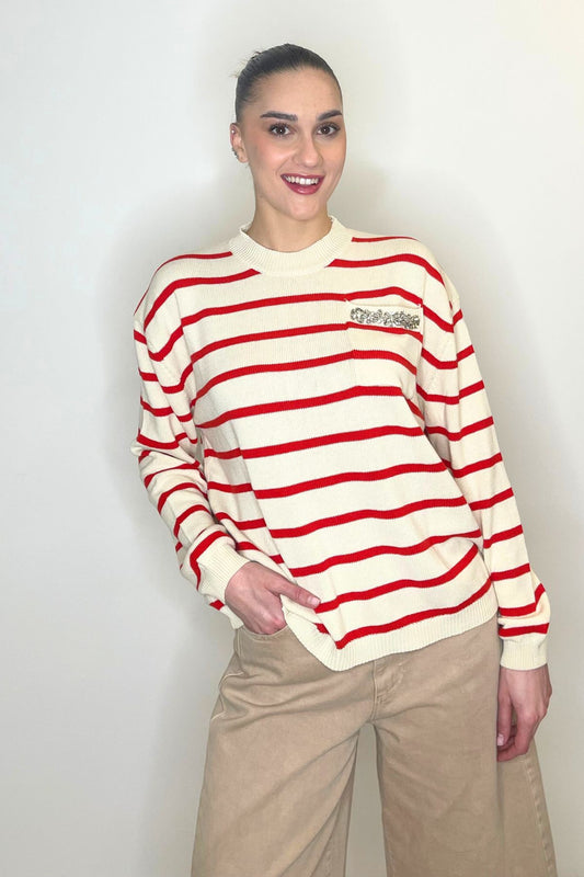 Knitwear a righe con strass beige/rossa - Vicolo