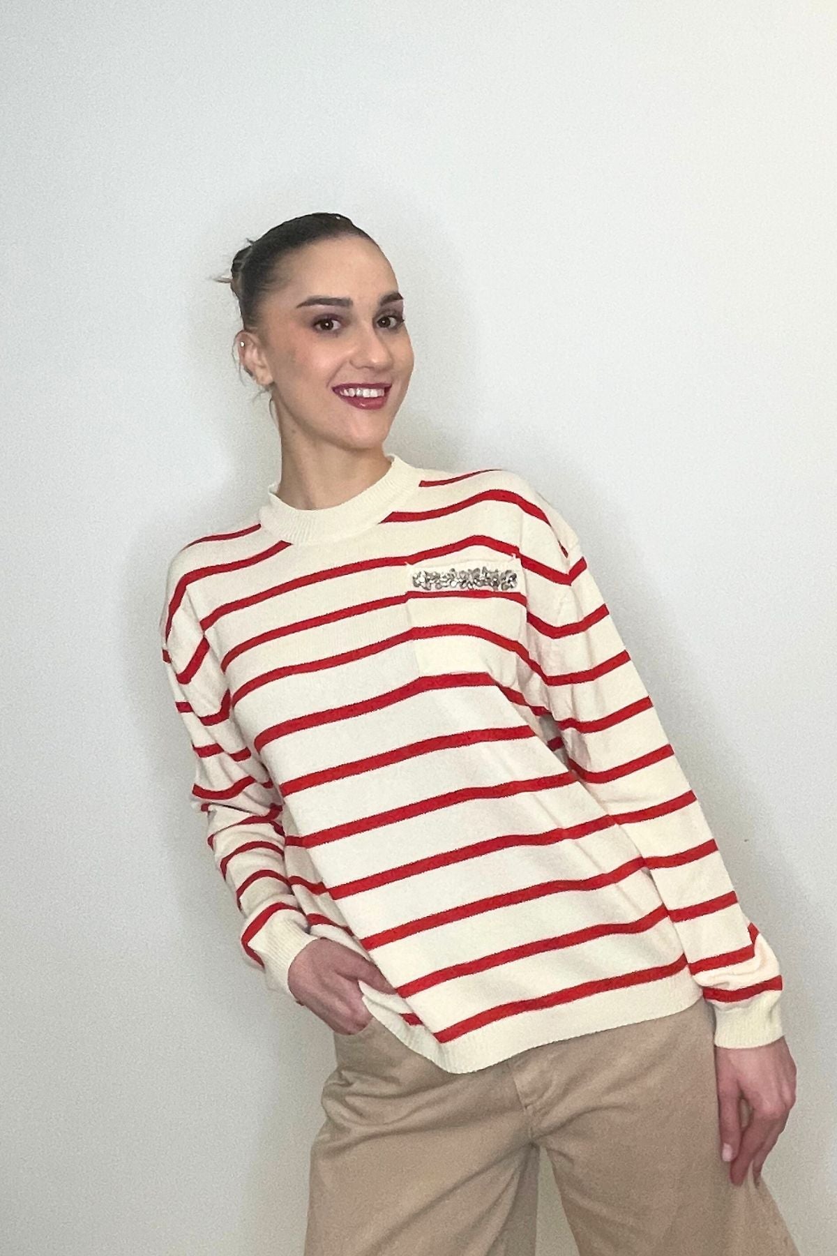 Knitwear a righe con strass beige/rossa - Vicolo