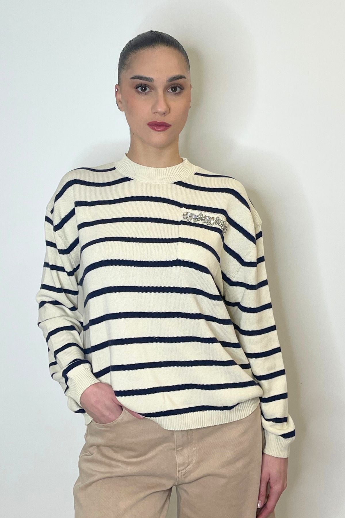 Knitwear a righe con strass beige/blu - Vicolo