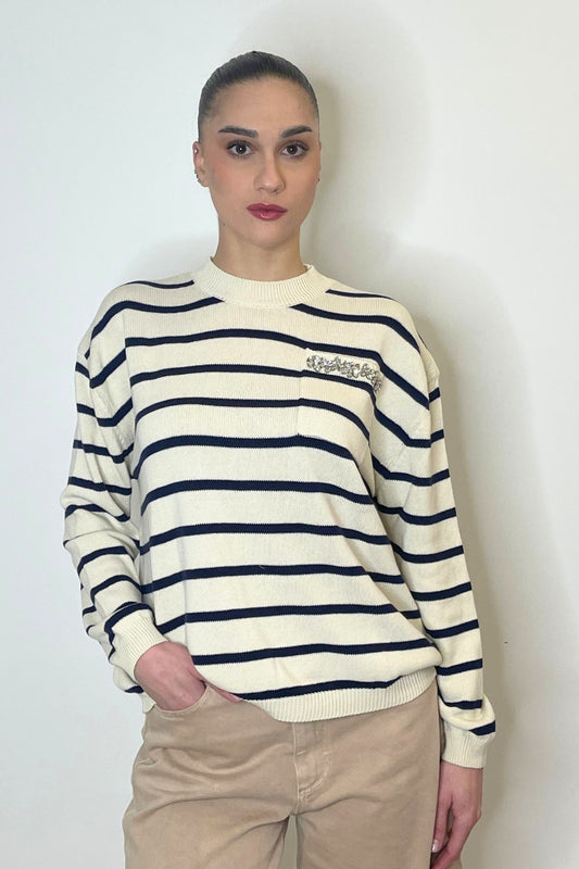 Knitwear a righe con strass beige/blu - Vicolo
