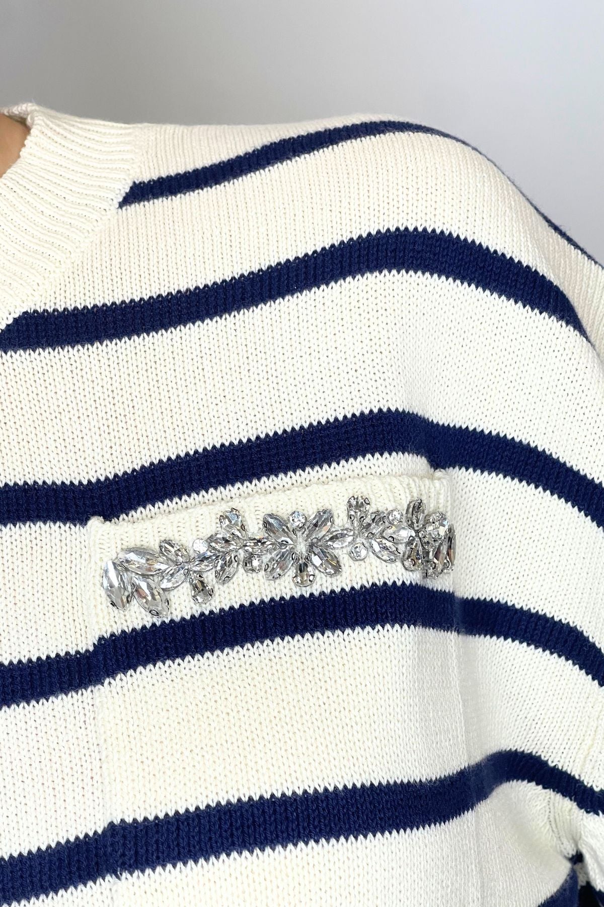 Knitwear a righe con strass beige/blu - Vicolo