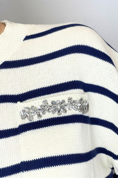 Knitwear a righe con strass beige/blu - Vicolo