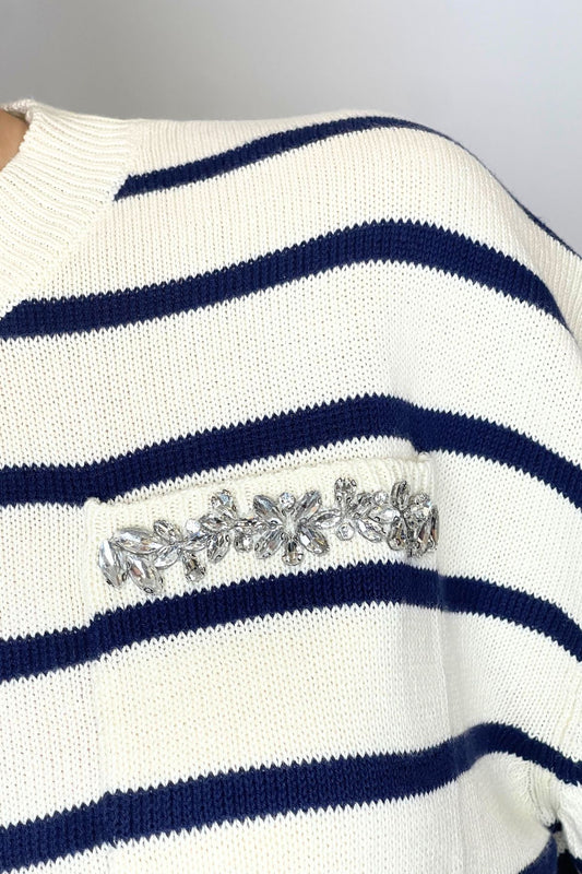 Knitwear a righe con strass beige/blu - Vicolo