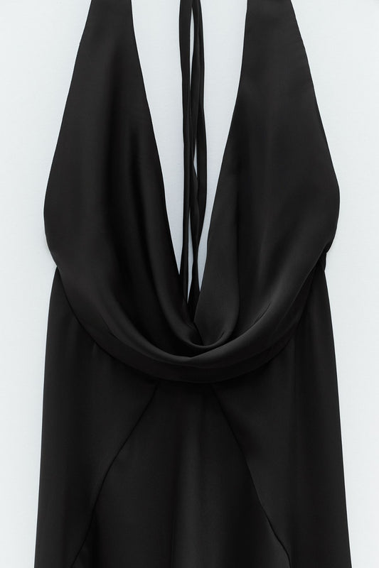 Abito lungo nero satinato con scollatura sul retro - Eleh