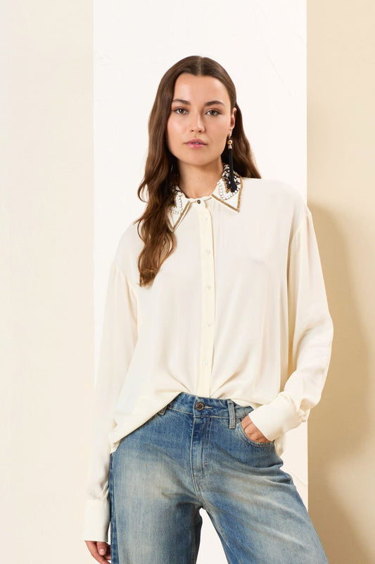 Camicia con colletto perline panna - Souvenir Clubbing