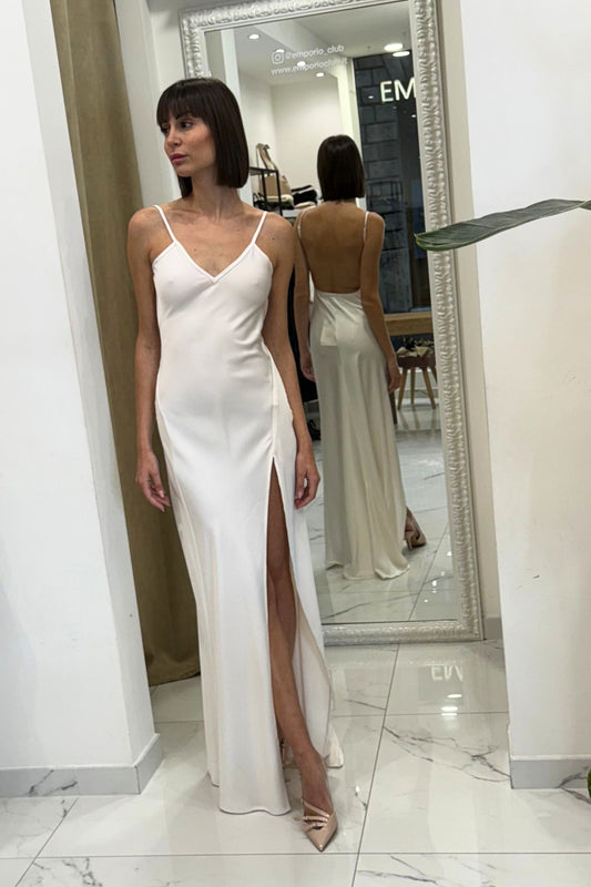 Abito lungo bianco, satinato con scollo a V -Eleh
