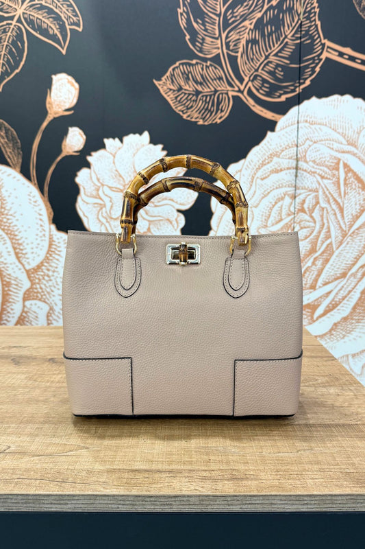 Borsa in pelle con manico bambù cipria - Emporio Club