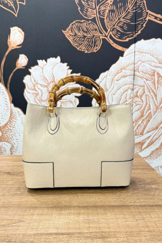 Borsa in pelle con manico bambù beige - Emporio Club