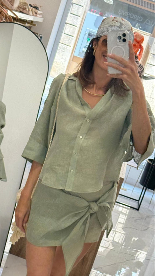 Camicia manica ampia in lino verde - Vicolo
