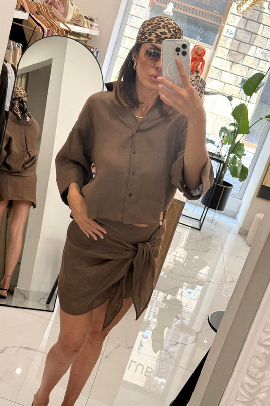 Camicia manica ampia in lino marrone - Vicolo